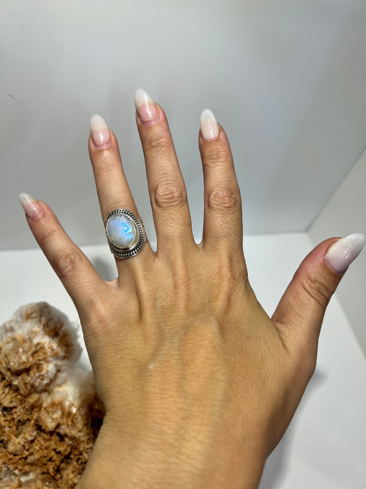 Natural Rainbow Moonstone Intuition Ring in 925 Italian Sterling Silver