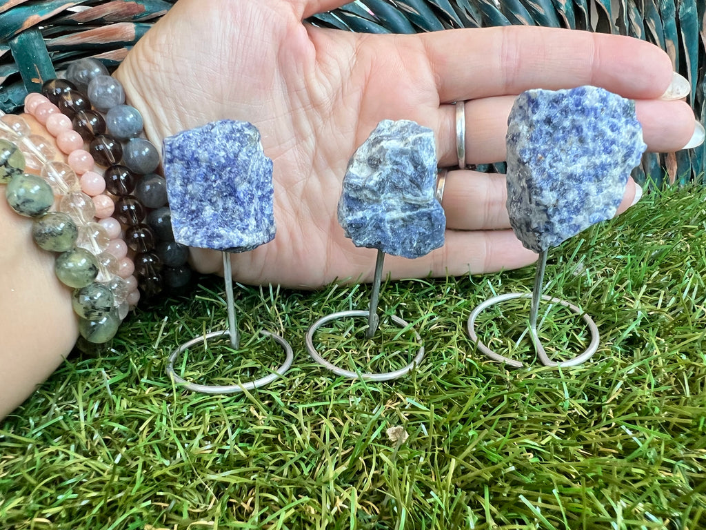 Natural Raw Sodalite Crystal Display with Metal Stand | Communication, Intuition & Clarity | Approx. 8 cm