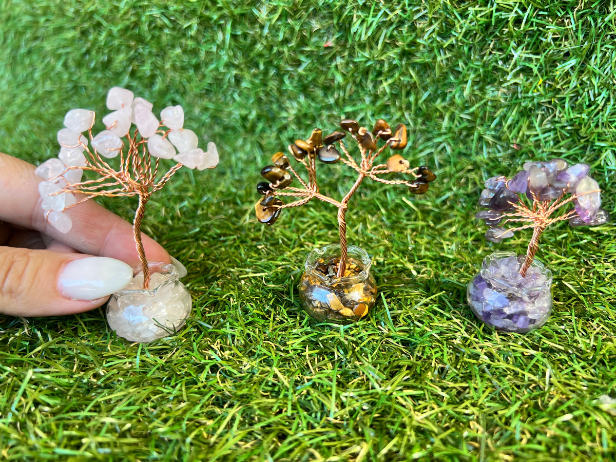 Mini Natural Crystal Tree in Glass Bowl | Rose Quartz, Amethyst & Tiger’s Eye | Handmade Gemstone Décor