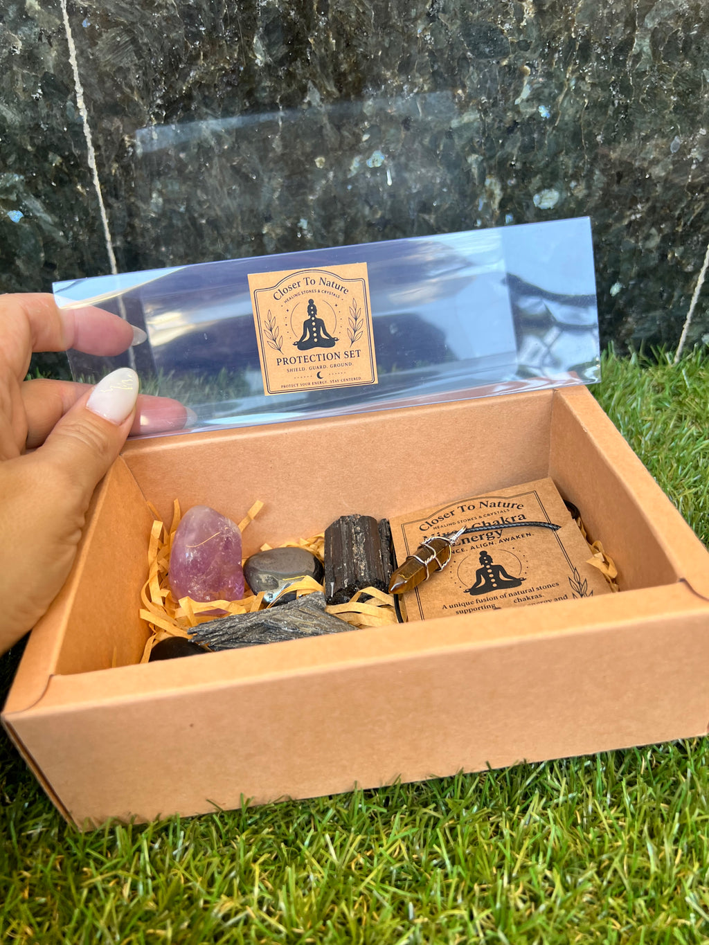 Protection Intention Crystal Gift Set | Natural Crystal Healing Box with Bracelet & Necklace