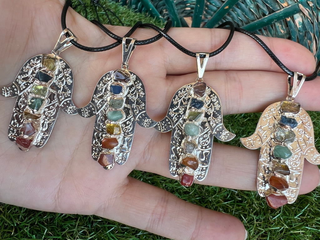 Seven Chakra Genuine Gemstone Hamsa Necklace | Silver-Tone Hand Pendant | Protection, Good Luck & Balance
