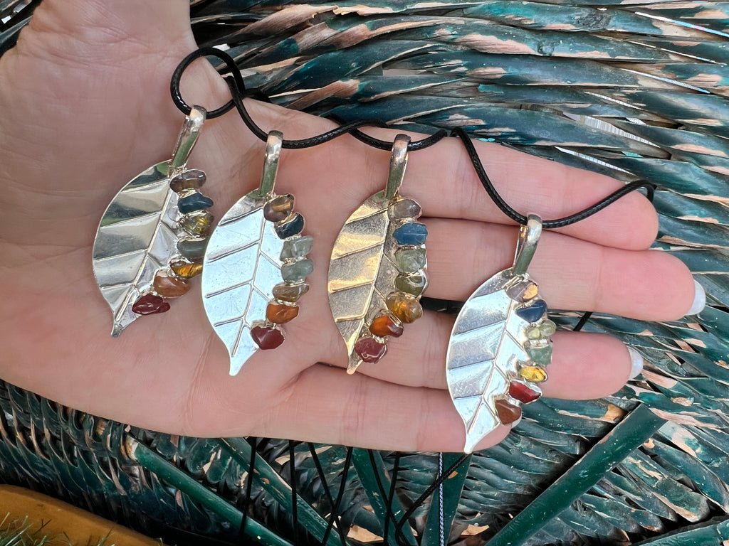 Seven Chakra Genuine Gemstone Leaf Necklace | Silver-Tone Tree Leaf Pendant | Chakra Balance & Energy
