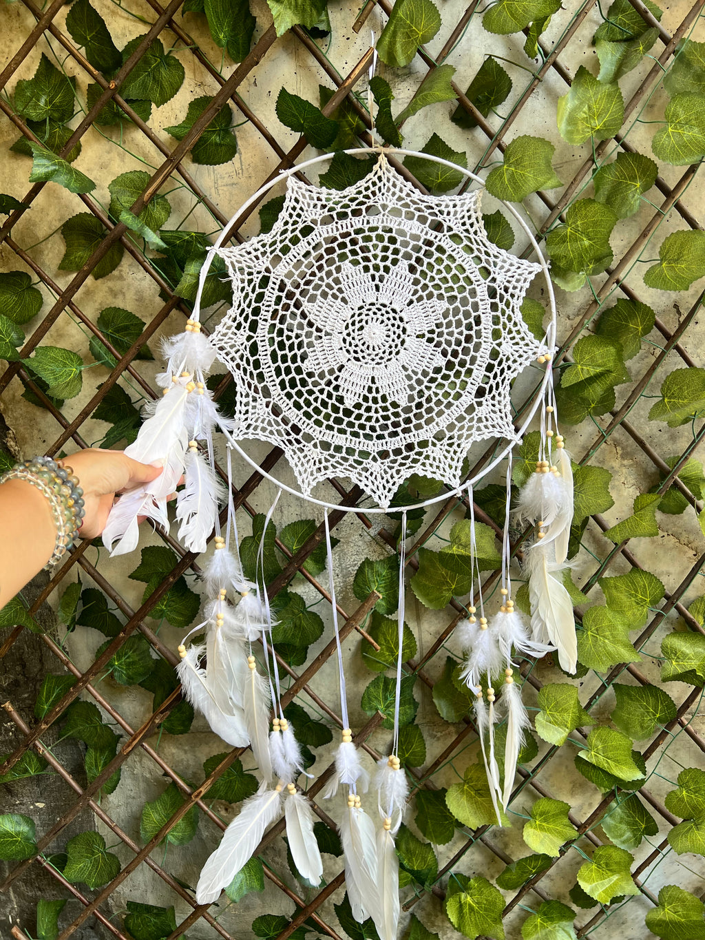 XL White Dream Catcher – Peace, Protection & Serene Energy | Large Feather Wall Hanging
