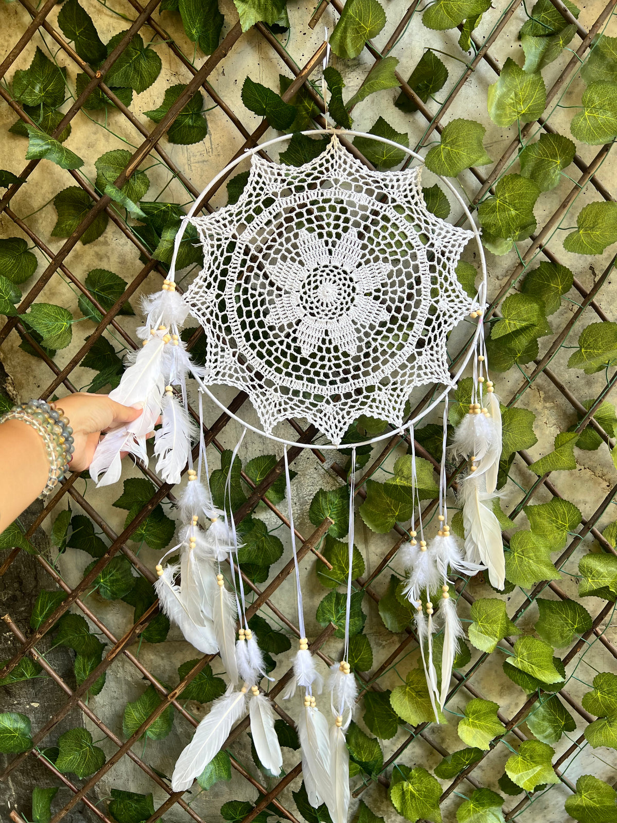 XL White Dream Catcher – Peace, Protection & Serene Energy | Large Feather Wall Hanging