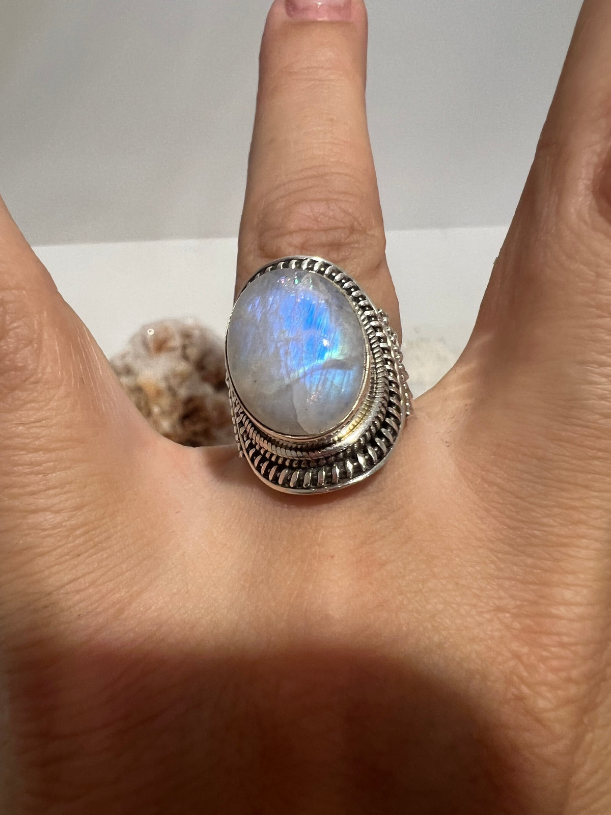 Natural Rainbow Moonstone Intuition Ring in 925 Italian Sterling Silver