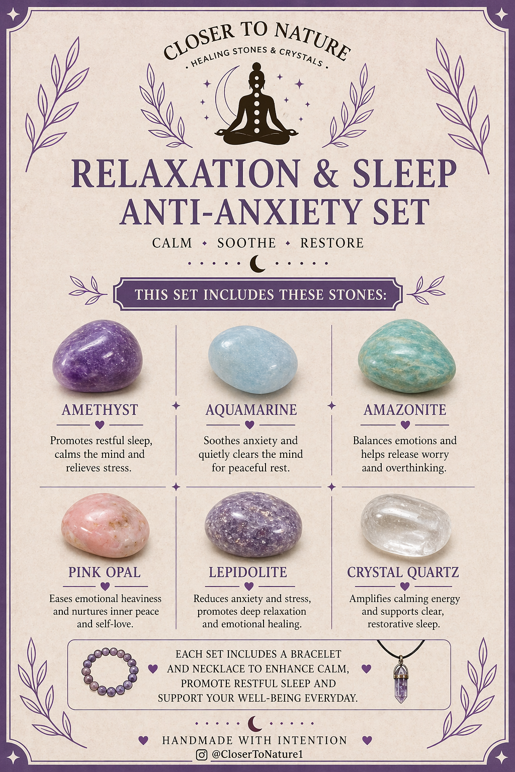 Relaxation & Sleep Anti-Anxiety Intention Crystal Gift Set | Natural Crystal Healing Box with Bracelet & Necklace