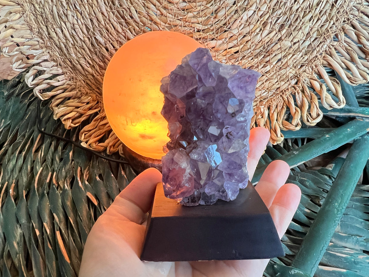 Natural Amethyst Cluster on Wooden Base