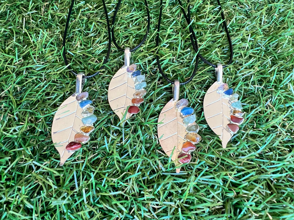 Seven Chakra Genuine Gemstone Leaf Necklace | Silver-Tone Tree Leaf Pendant | Chakra Balance & Energy