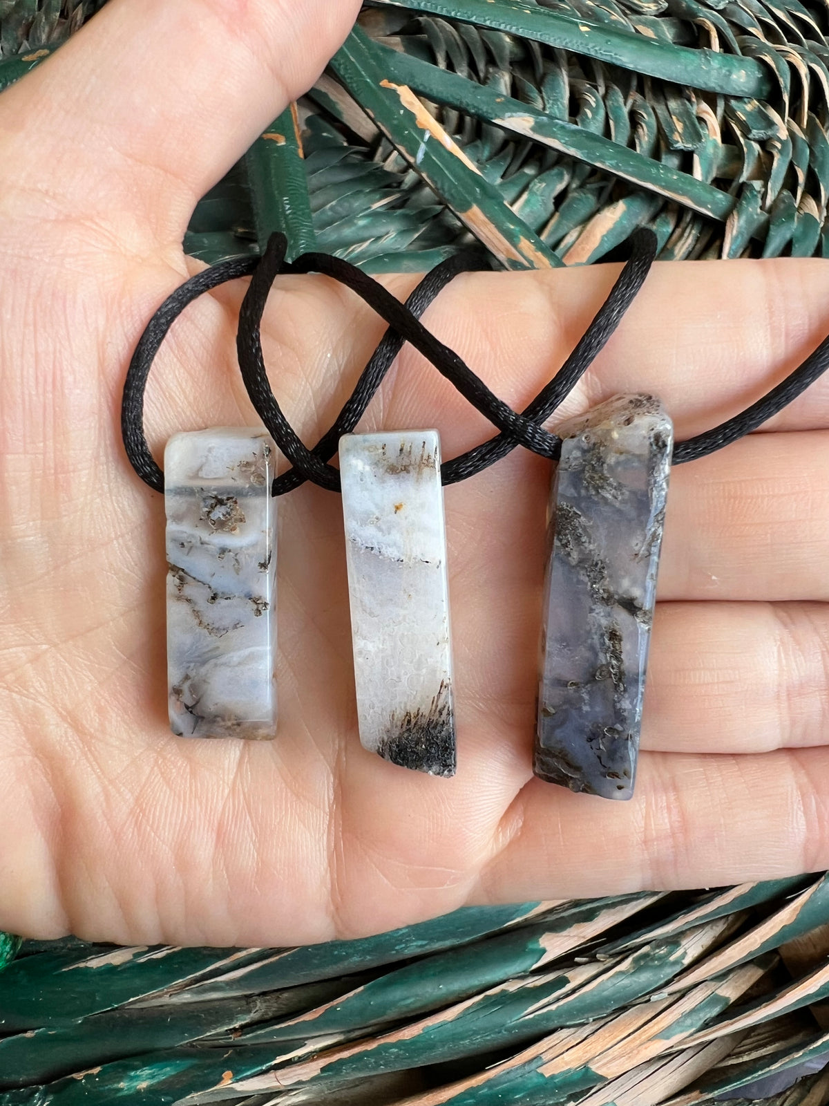 Natural Moss Agate Rectangle Bar Necklace – Adjustable Cord