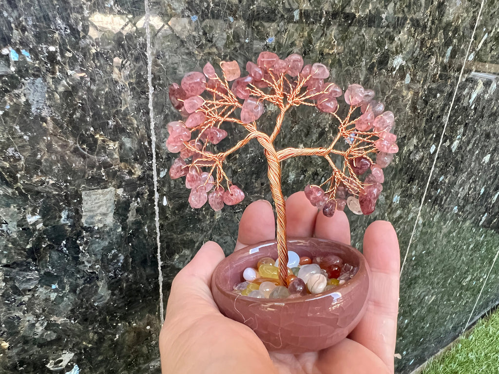 Love & Joy Strawberry Quartz Bonsai Crystal Tree in Ceramic Vase