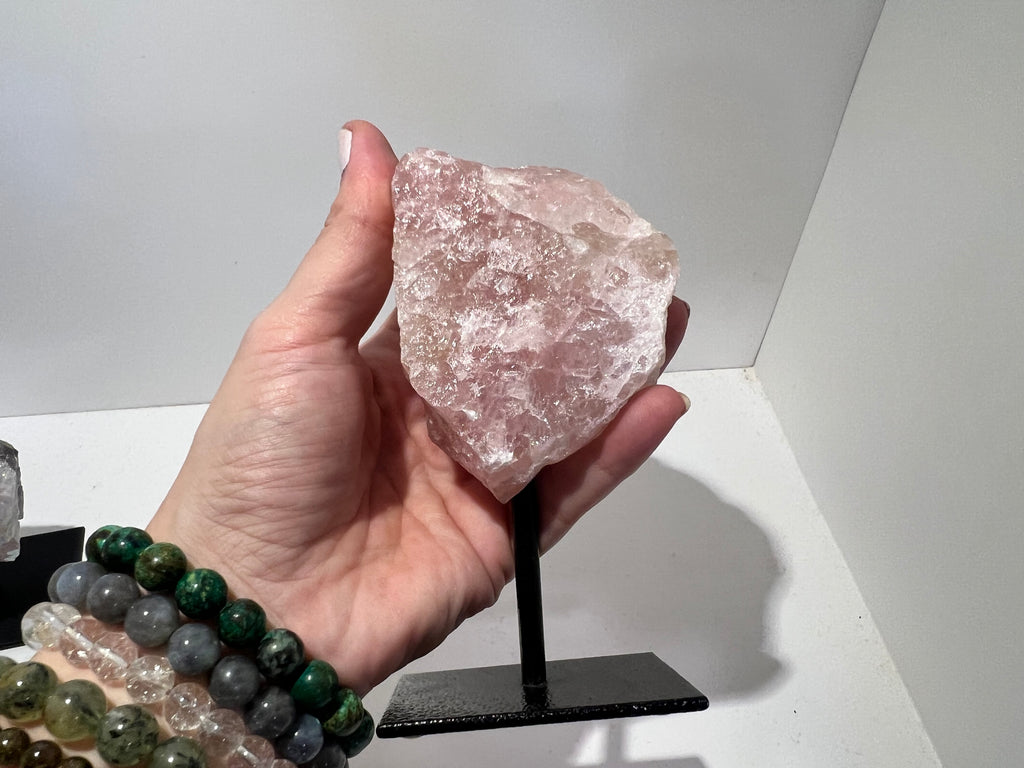 Natural Rose Quartz on Metal Stand – 515 g
