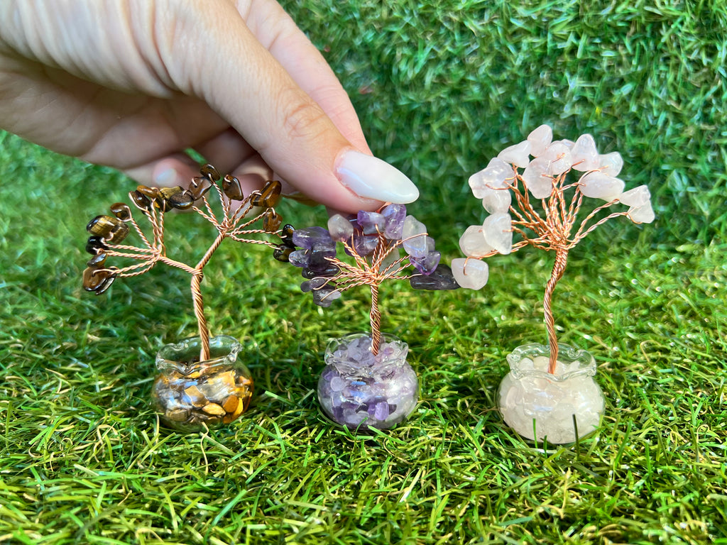 Mini Natural Crystal Tree in Glass Bowl | Rose Quartz, Amethyst & Tiger’s Eye | Handmade Gemstone Décor