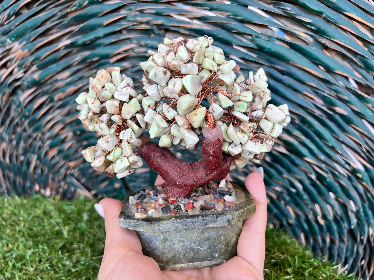 Natural Chrysoprase Bonsai Tree | Genuine Gemstone Tree in a Hand-Carved Natural Green Stone Pot | Growth & Prosperity