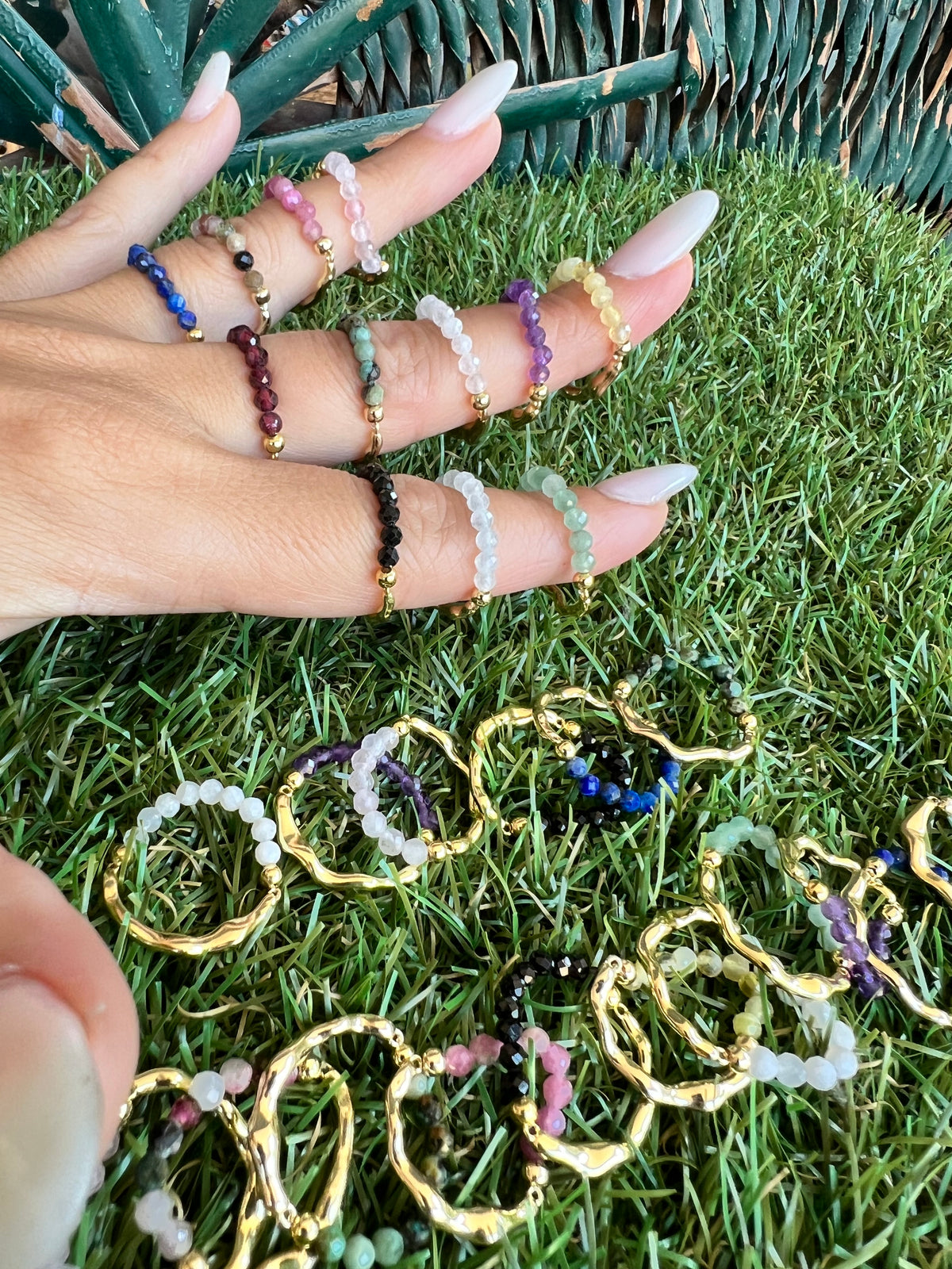 Natural Gemstone & Brass Elastic Ring – Faceted 3 mm Crystal Beads