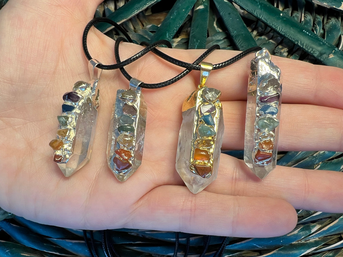 Natural Clear Quartz Point Necklace with 7 Chakra Stones
