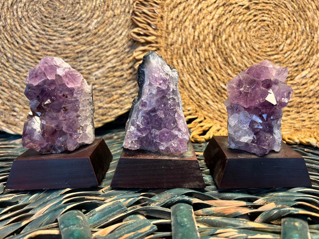 Natural Amethyst Cluster on Wooden Base