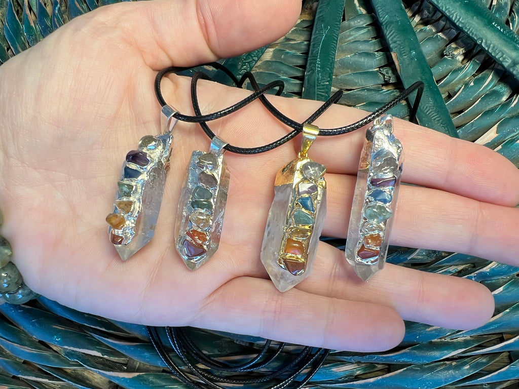 Natural Clear Quartz Point Necklace with 7 Chakra Stones
