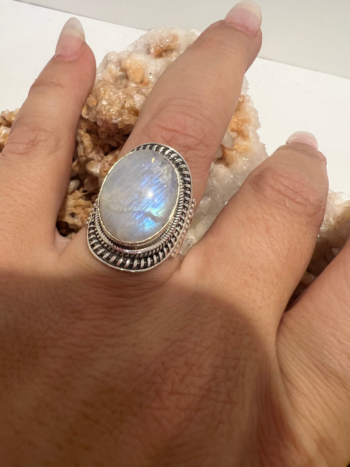 Natural Rainbow Moonstone Intuition Ring in 925 Italian Sterling Silver