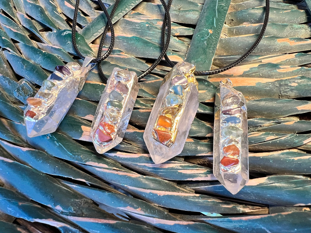 Natural Clear Quartz Point Necklace with 7 Chakra Stones
