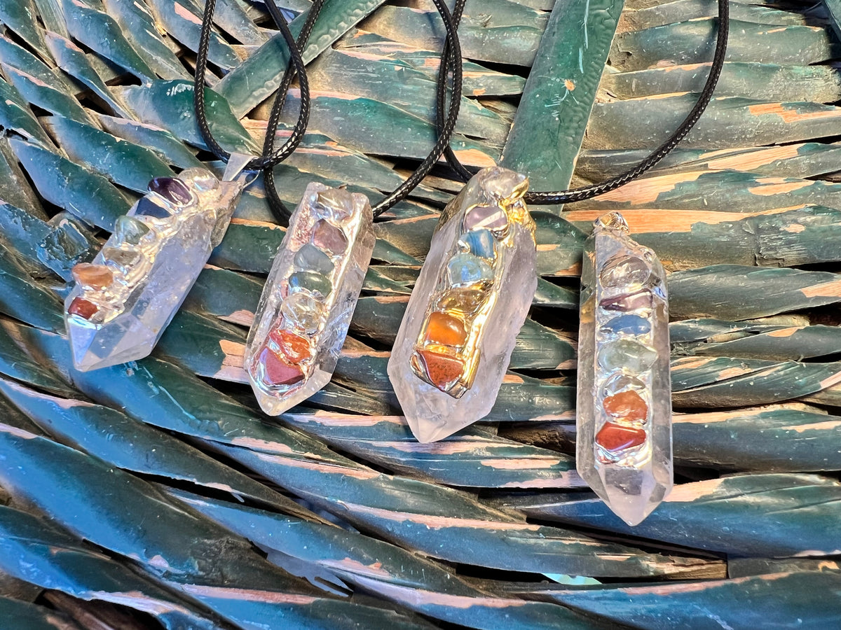 Natural Clear Quartz Point Necklace with 7 Chakra Stones