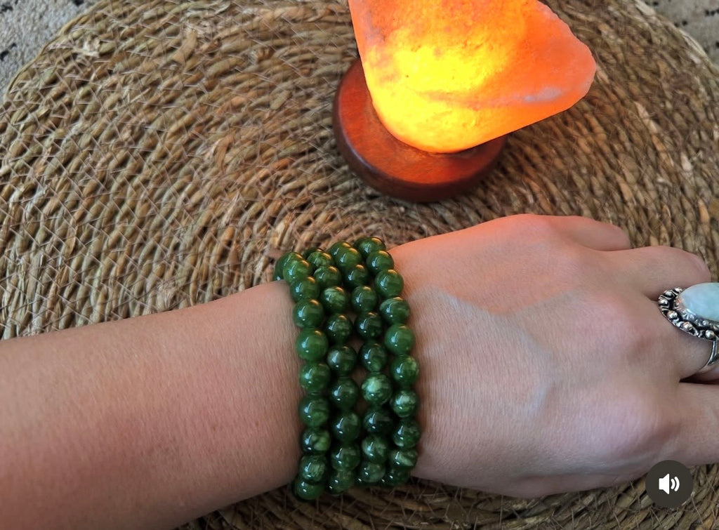 Natural Nephrite Jade Prosperity & Good Fortune Bracelet – 8mm Genuine Elastic Beaded Bracelet