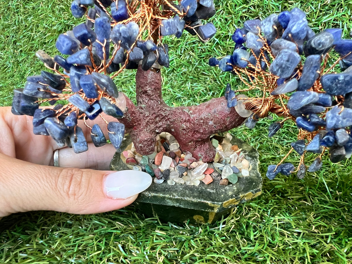 Natural Sodalite Bonsai Tree | Genuine Gemstone Tree in a Hand-Carved Natural Green Stone Pot | Wisdom & Communication