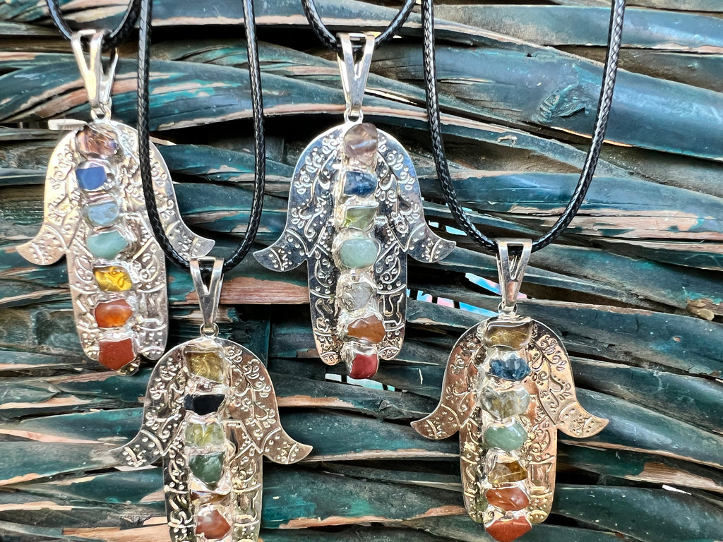 Seven Chakra Genuine Gemstone Hamsa Necklace | Silver-Tone Hand Pendant | Protection, Good Luck & Balance