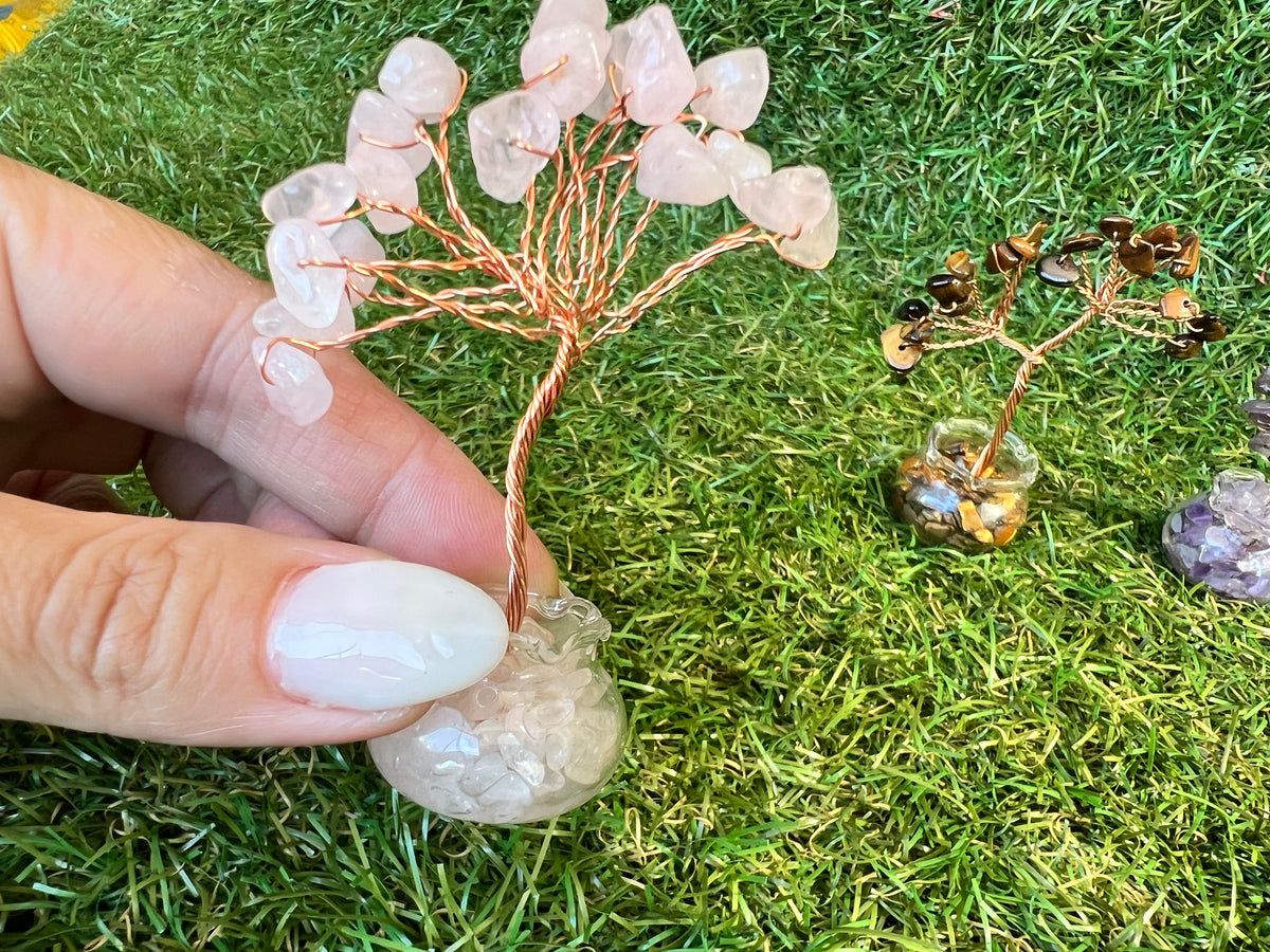 Mini Natural Crystal Tree in Glass Bowl | Rose Quartz, Amethyst & Tiger’s Eye | Handmade Gemstone Décor