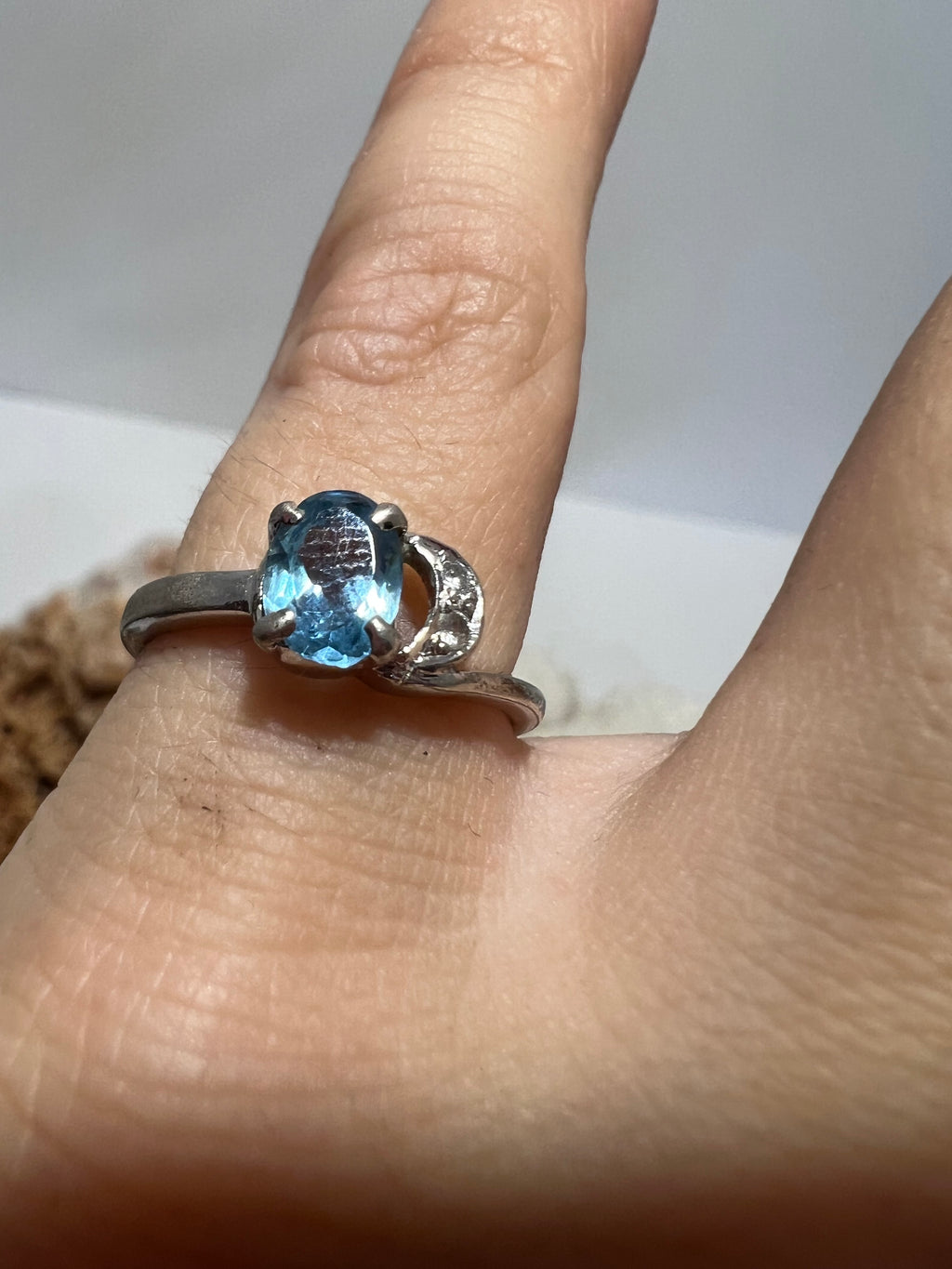 Genuine Natural Blue Topaz Crescent Moon Ring in 925 Sterling Silver