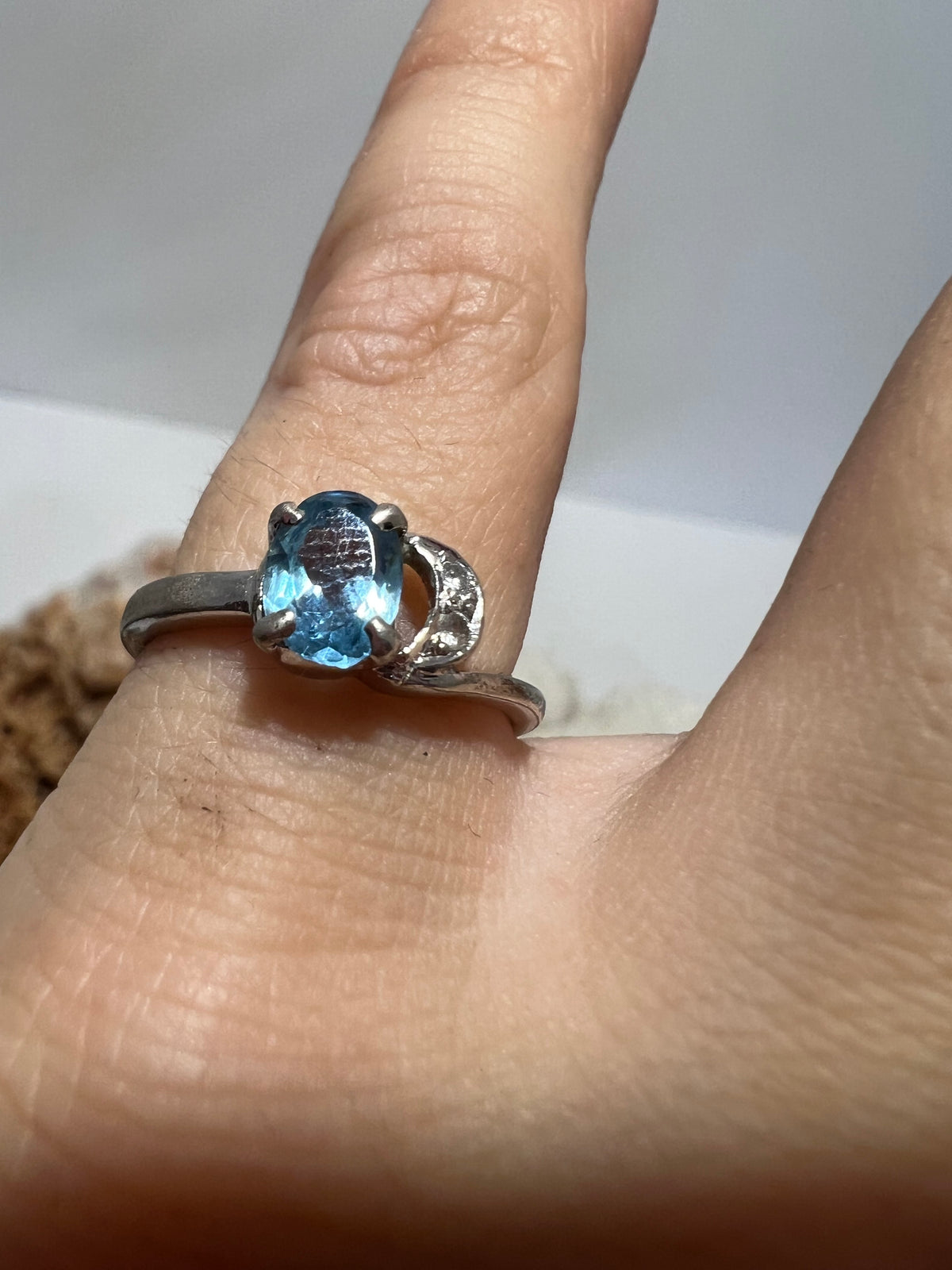 Genuine Natural Blue Topaz Crescent Moon Ring in 925 Sterling Silver