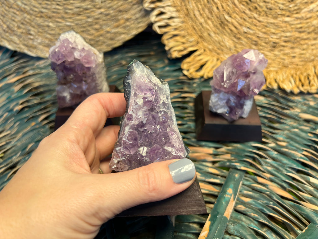 Natural Amethyst Cluster on Wooden Base