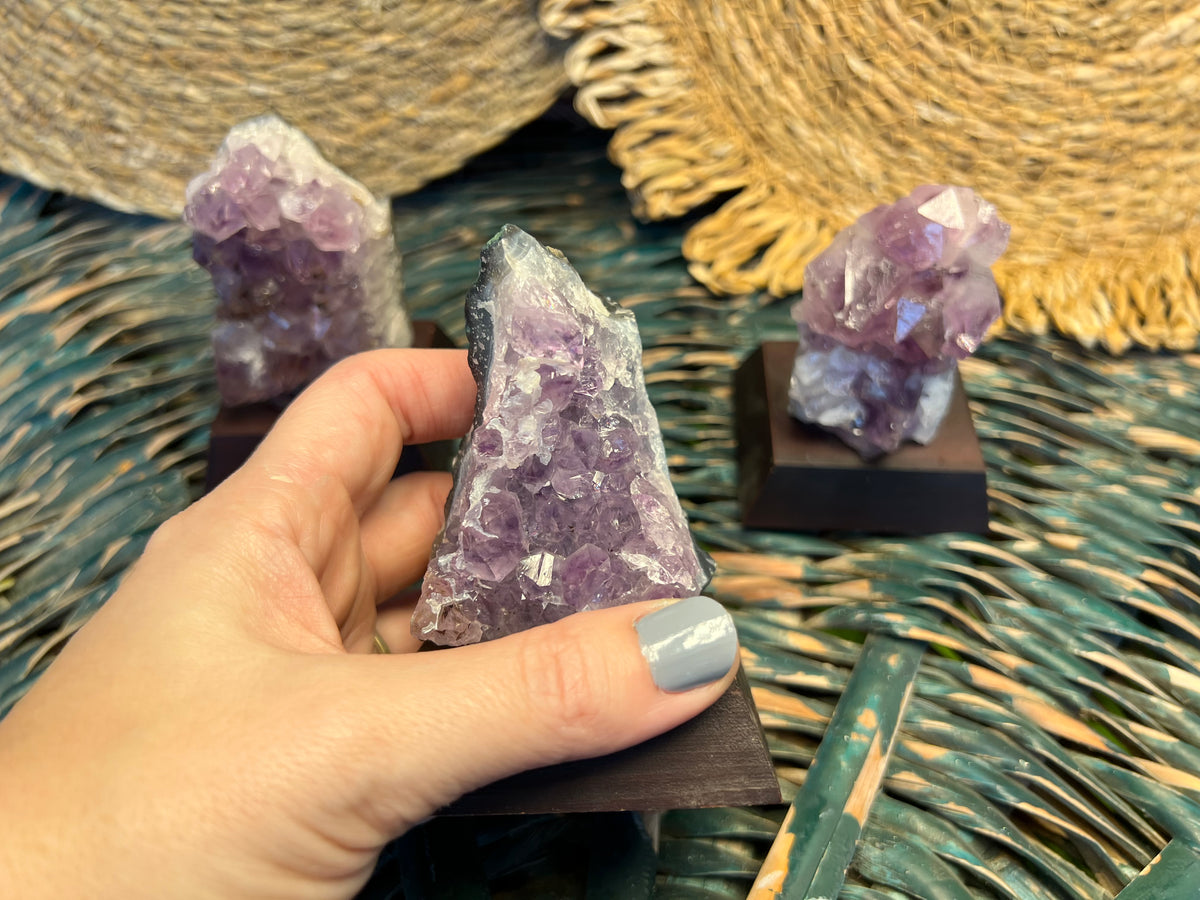 Natural Amethyst Cluster on Wooden Base