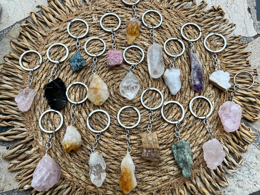 Natural Raw & Polished Crystal Gemstone Keychain – Protection, Abundance & Positive Energy
