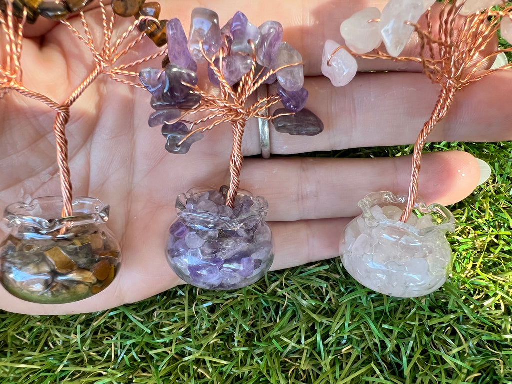 Mini Natural Crystal Tree in Glass Bowl | Rose Quartz, Amethyst & Tiger’s Eye | Handmade Gemstone Décor