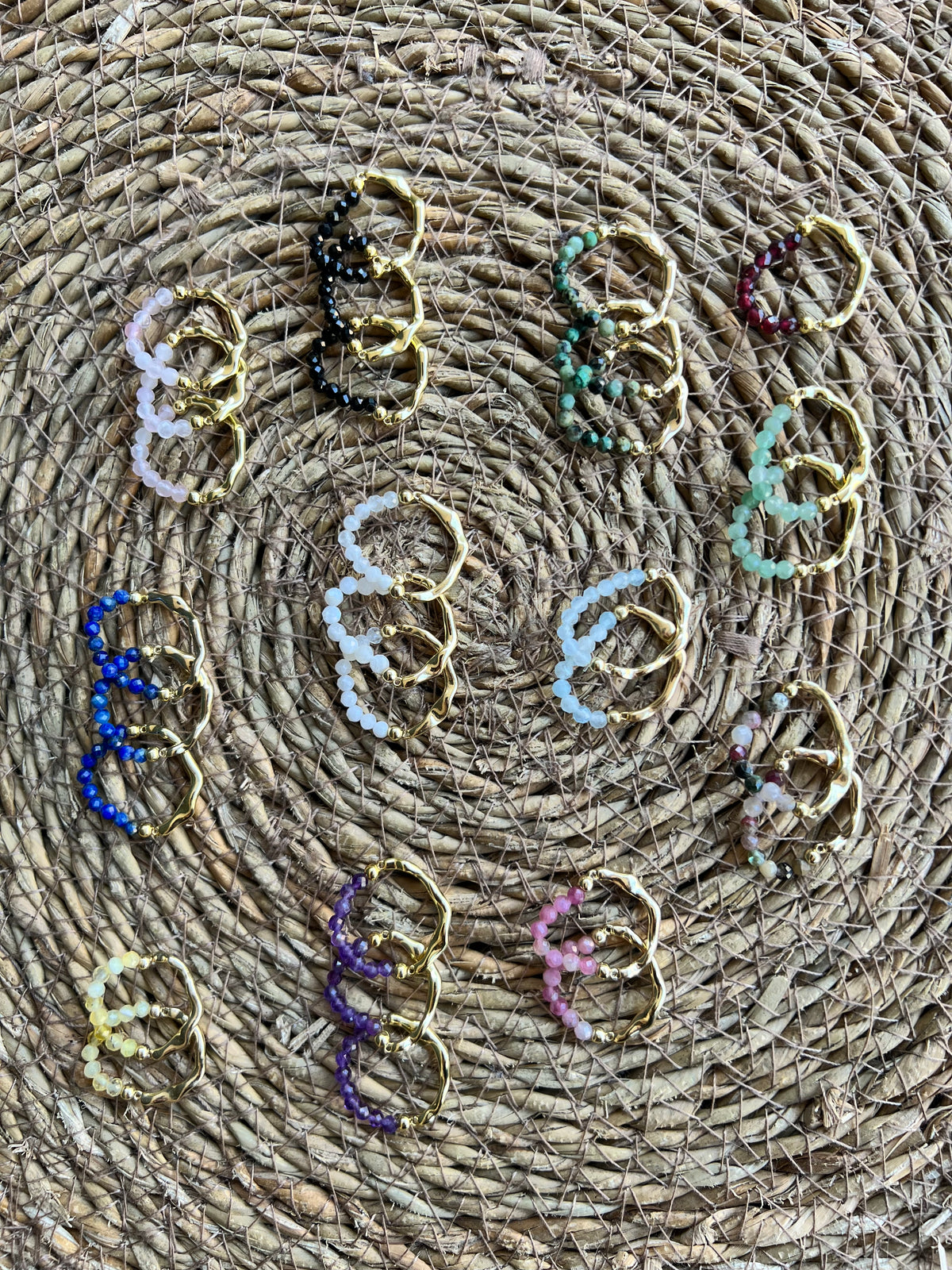 Natural Gemstone & Brass Elastic Ring – Faceted 3 mm Crystal Beads