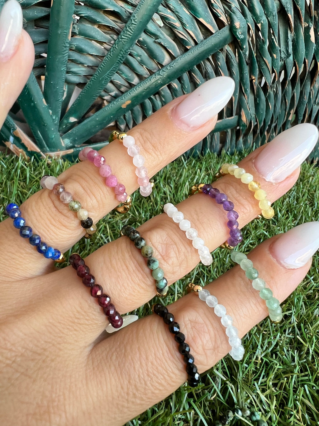 Natural Gemstone & Brass Elastic Ring – Faceted 3 mm Crystal Beads