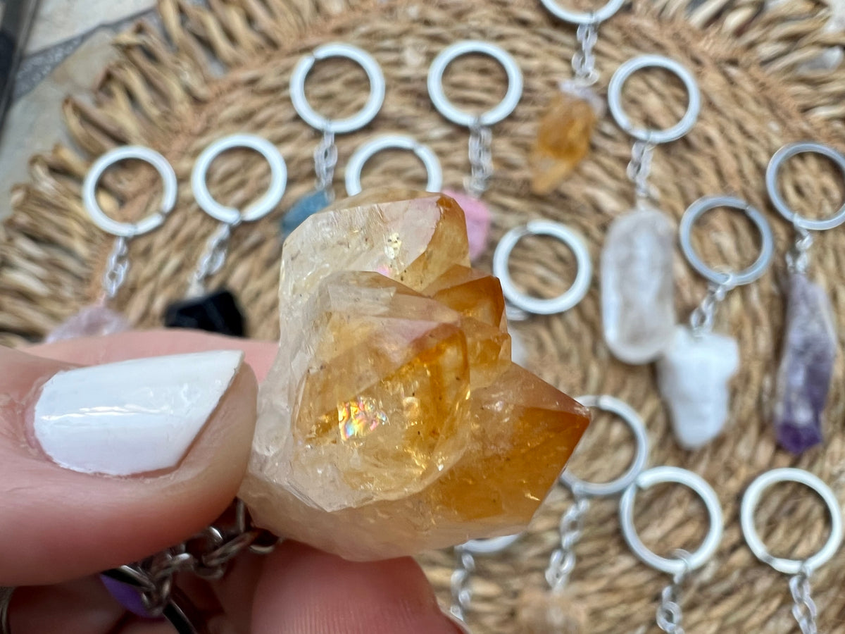 Natural Raw & Polished Crystal Gemstone Keychain – Protection, Abundance & Positive Energy