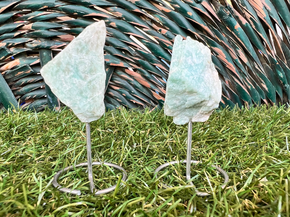 Natural Raw Amazonite on Metal Stand | Crystal Display | Approx. 8 cm | Communication, Calm & Confidence