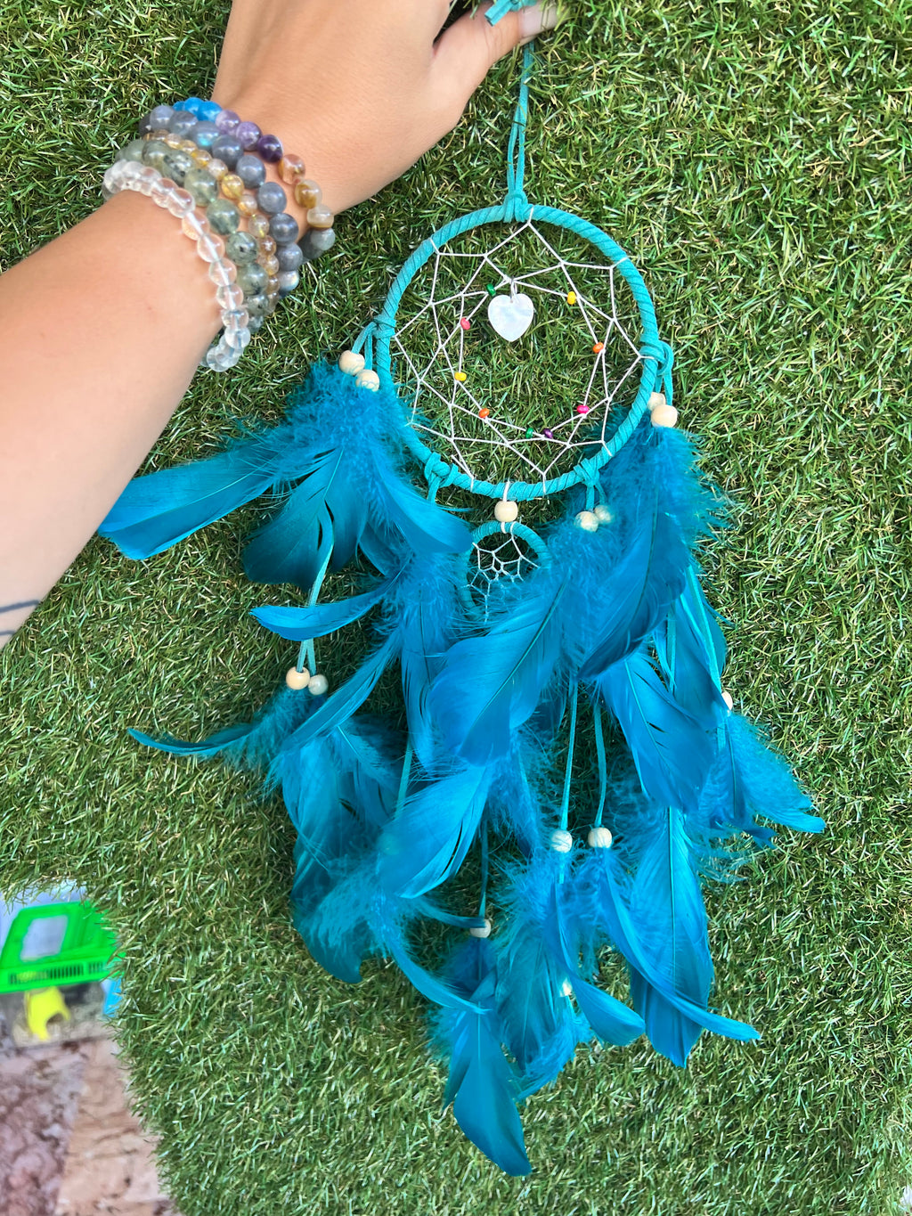 Turquoise Heart Dream Catcher – Love, Peace & Positive Dreams | Feather Wall Hanging