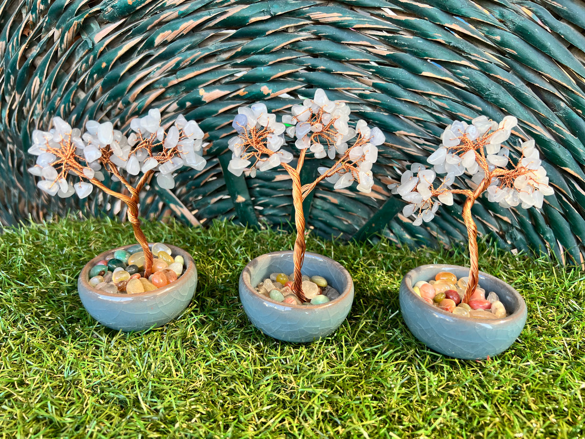Natural Blue Agate Bonsai Tree with 7 Chakra Gemstone Base | Harmony, Communication & Balance