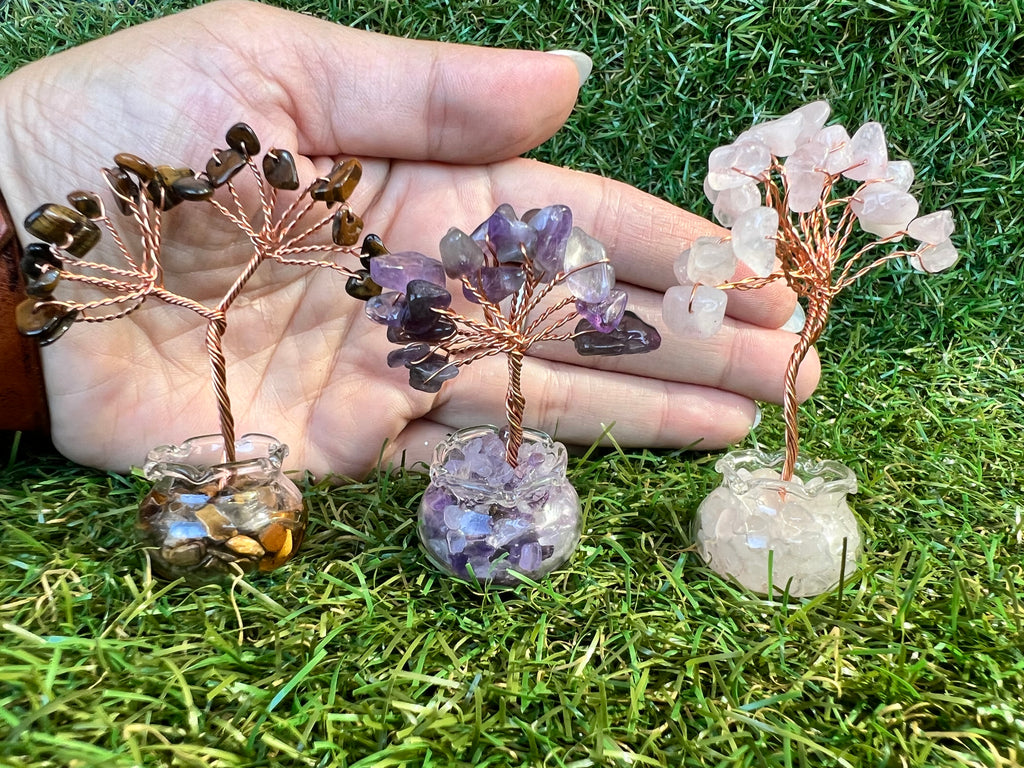 Mini Natural Crystal Tree in Glass Bowl | Rose Quartz, Amethyst & Tiger’s Eye | Handmade Gemstone Décor