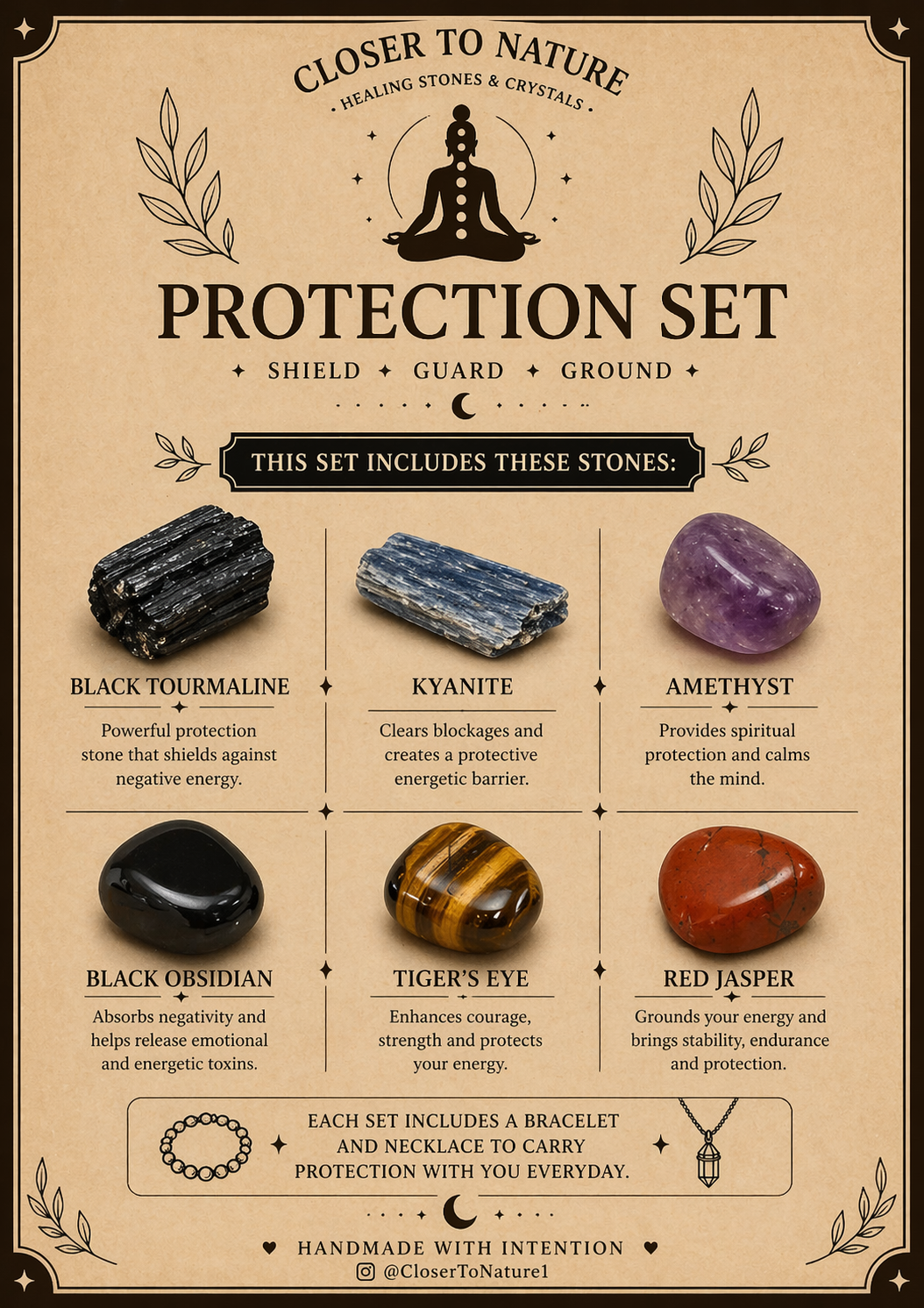 Protection Intention Crystal Gift Set | Natural Crystal Healing Box with Bracelet & Necklace