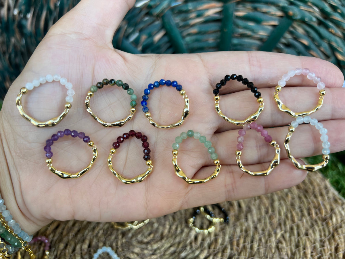 Natural Gemstone & Brass Elastic Ring – Faceted 3 mm Crystal Beads