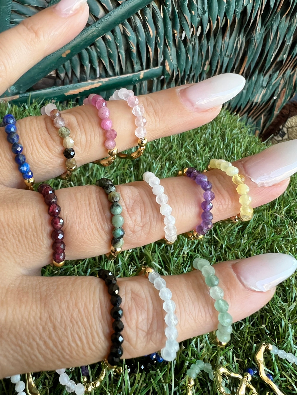 Natural Gemstone & Brass Elastic Ring – Faceted 3 mm Crystal Beads