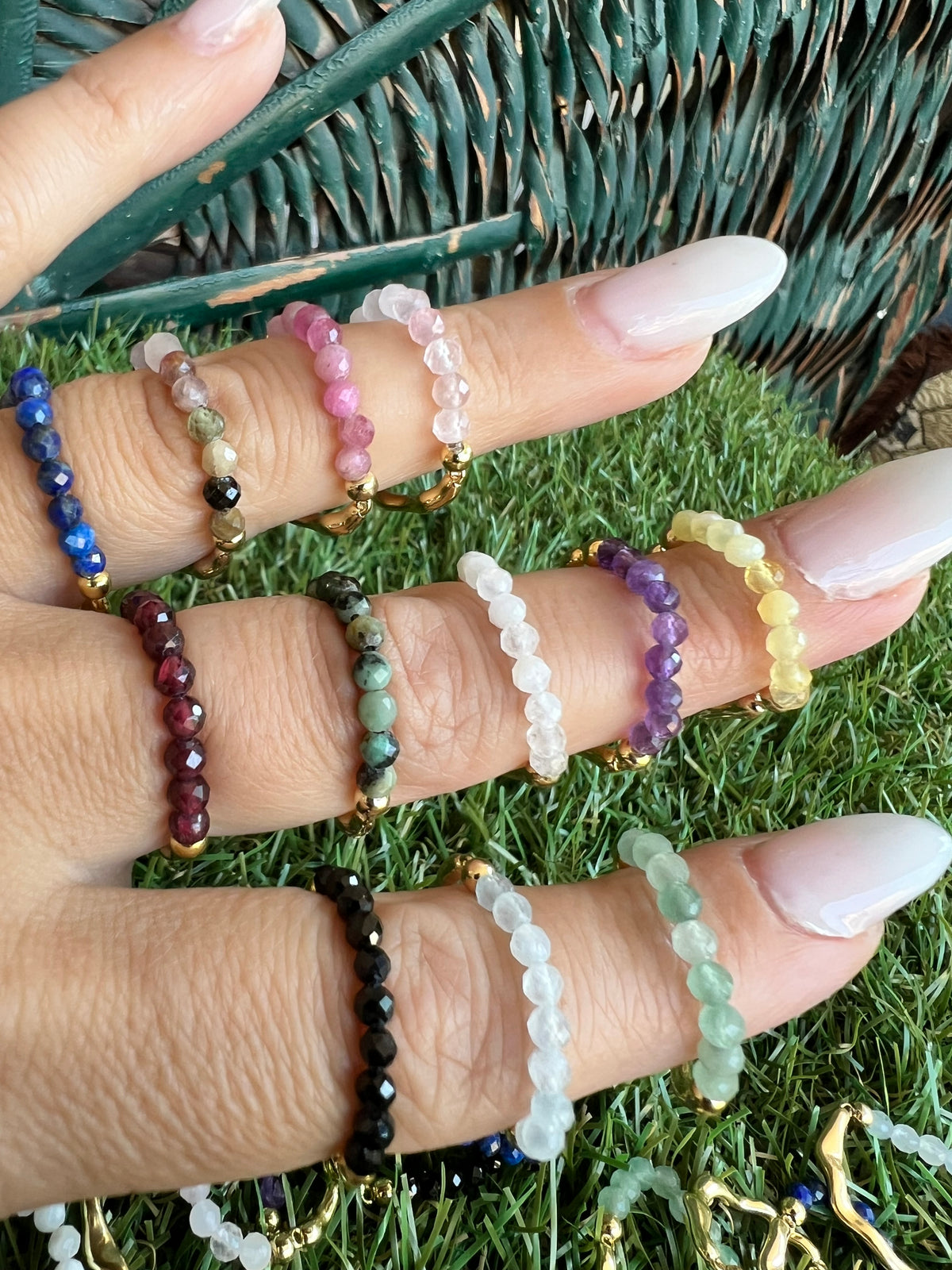 Natural Gemstone & Brass Elastic Ring – Faceted 3 mm Crystal Beads