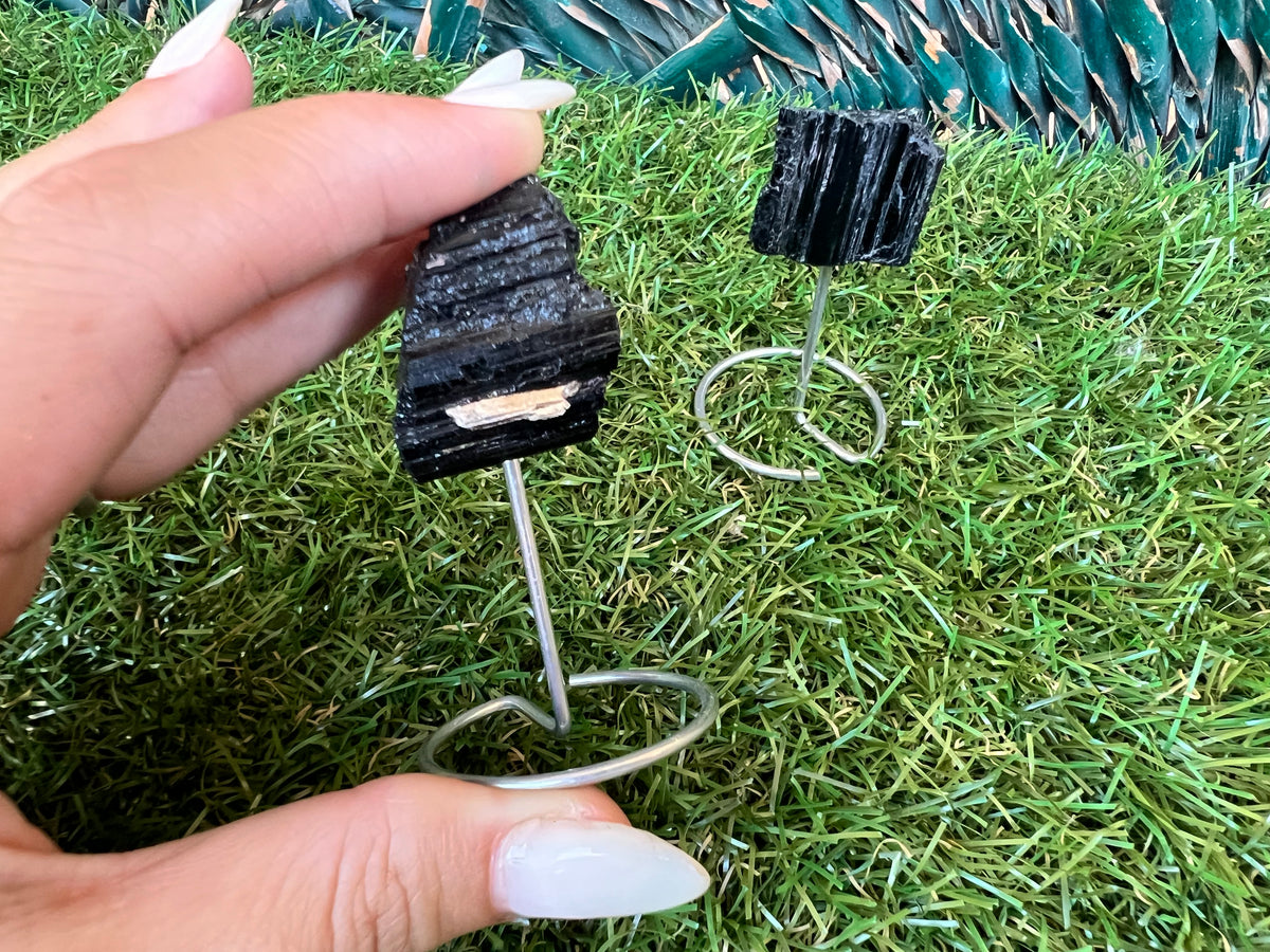 Natural Raw Black Tourmaline on Metal Stand | Crystal Display | Approx. 8 cm | Protection, Grounding & Energy Shielding