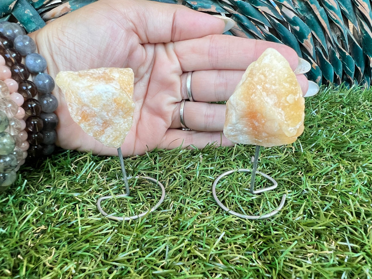 Natural Raw Orange Calcite on Metal Stand | Crystal Display | Approx. 8 cm | Joy, Confidence & Creativity