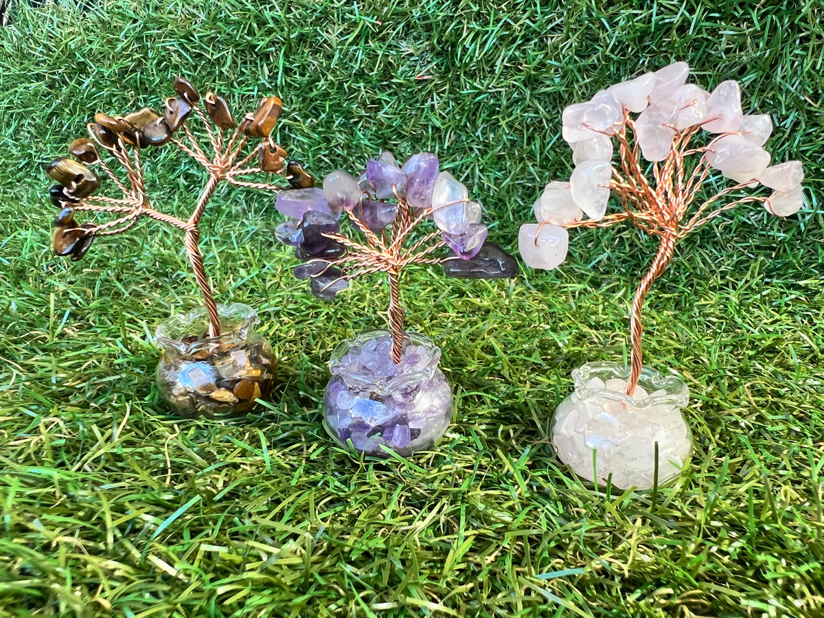 Mini Natural Crystal Tree in Glass Bowl | Rose Quartz, Amethyst & Tiger’s Eye | Handmade Gemstone Décor