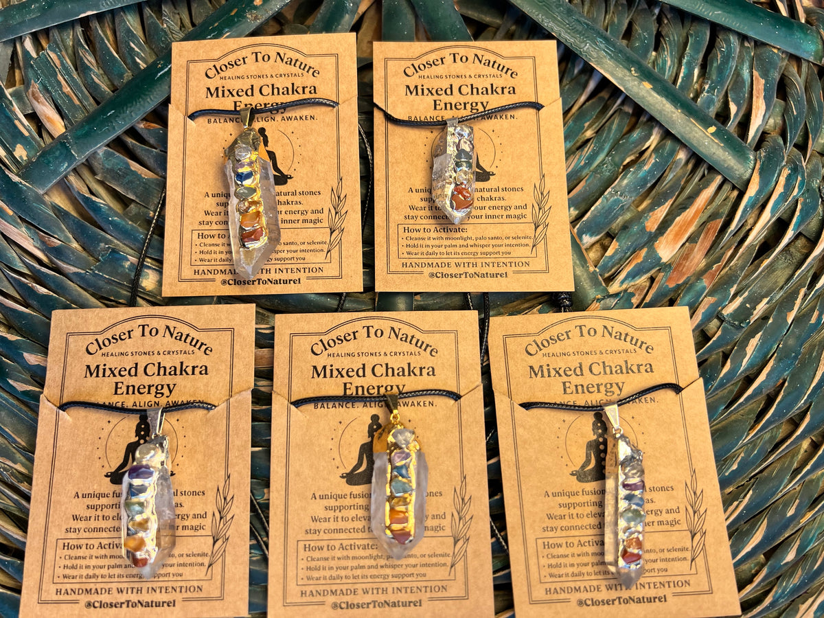 Natural Clear Quartz Point Necklace with 7 Chakra Stones