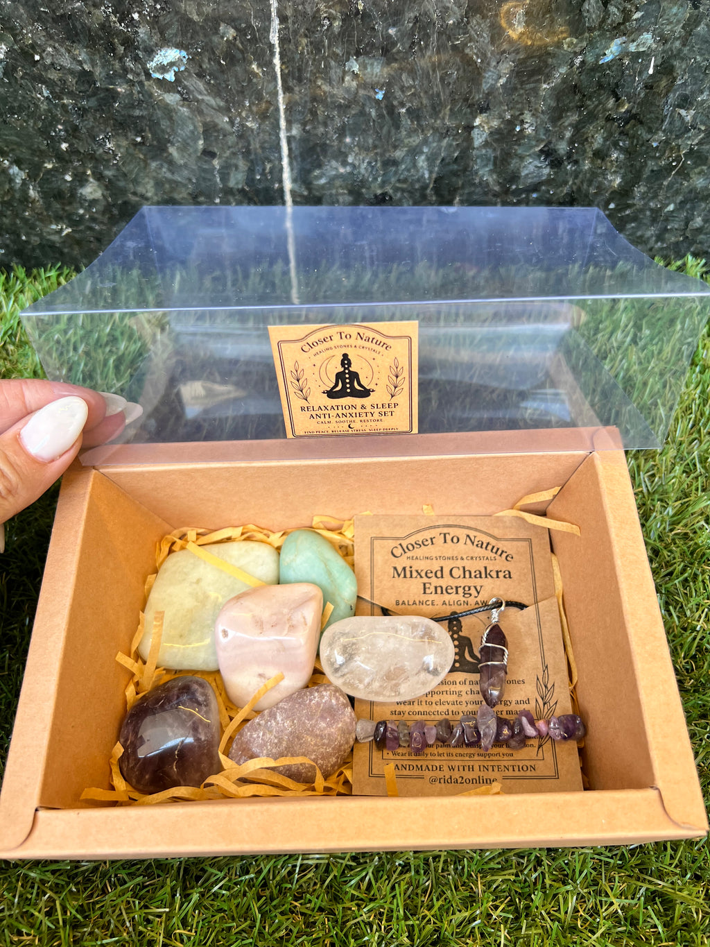 Relaxation & Sleep Anti-Anxiety Intention Crystal Gift Set | Natural Crystal Healing Box with Bracelet & Necklace